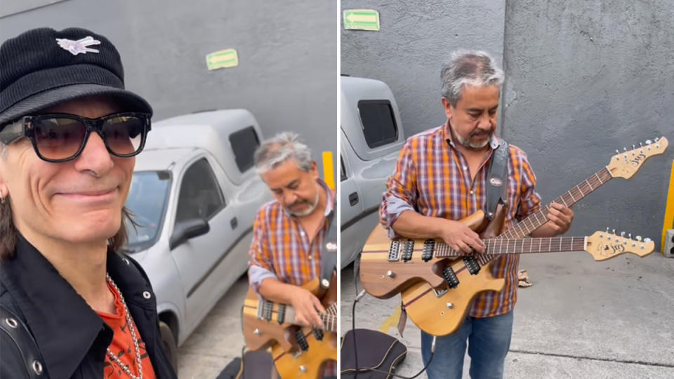 Steve Vai va a un concierto en México y toca Street Performer For the Love of God con dos guitarras.