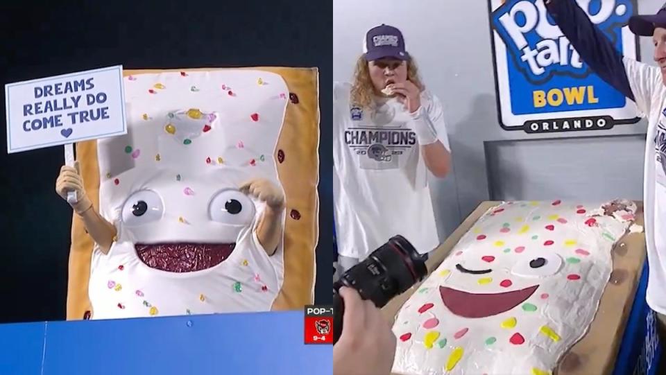 A Pop-Tart mascot holding a sign being lowered into a giant toaster split with two people ating the now cooked mascot from a large tray