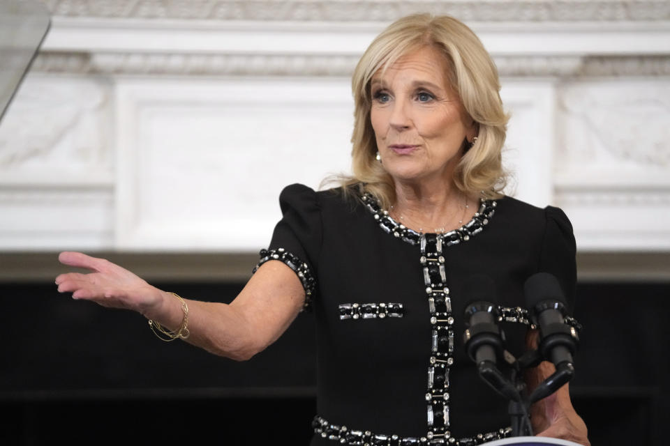 First lady Jill Biden speaks during a media preview Tuesday, Oct. 24, 2023, in the State Dining Room at the White House in Washington, ahead of Wednesday's State Dinner with Australia's Prime Minister Anthony Albanese. (AP Photo/Mark Schiefelbein)