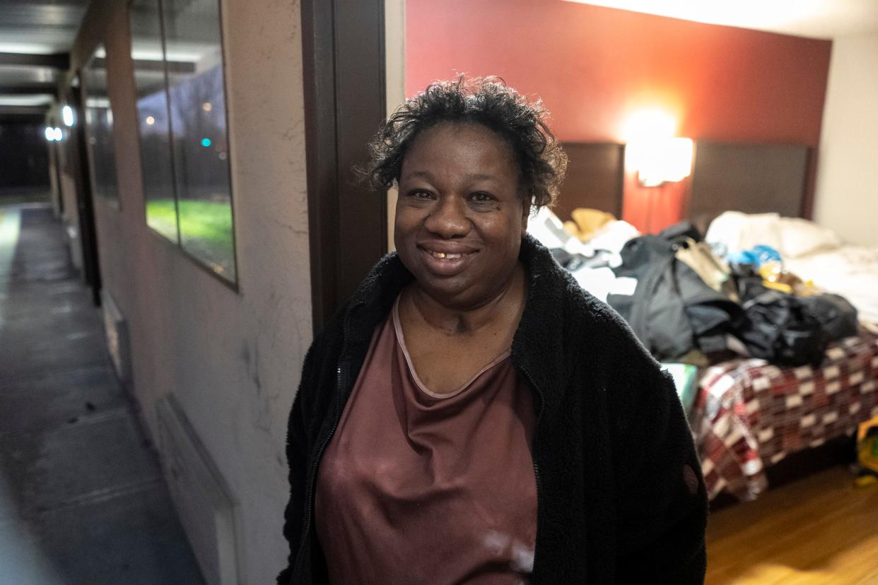 Jan 19, 2023; Westerville, Ohio, United States;  Ann Barrett stands for a portrait in the doorway of the hotel she has been staying at since moving out of Latitude Five25. Mandatory Credit: Joseph Scheller-The Columbus Dispatch