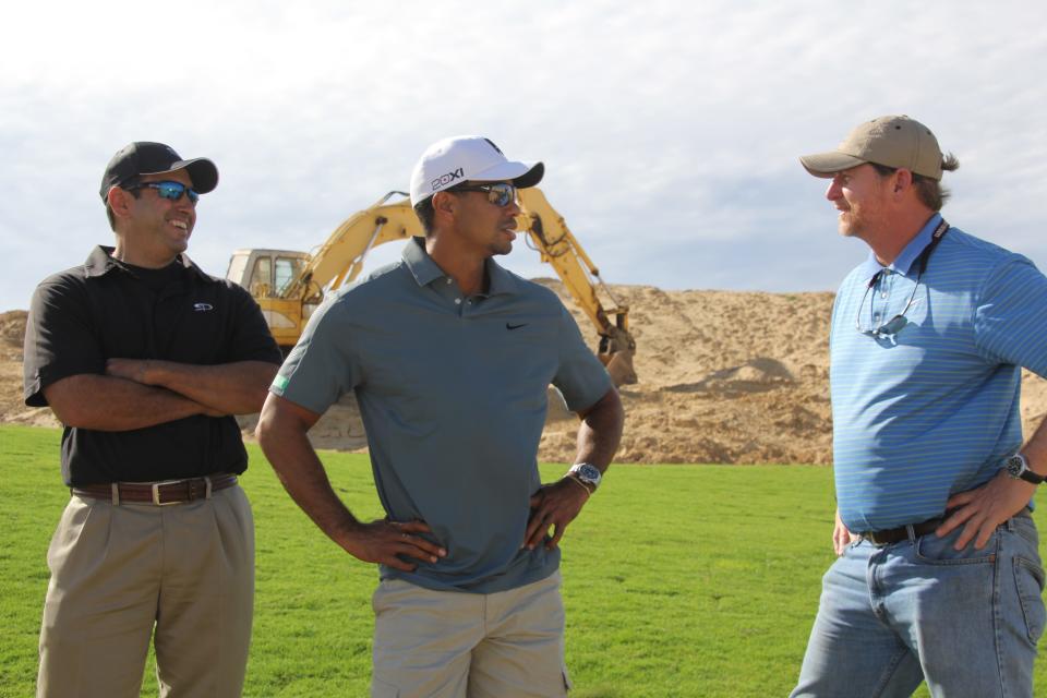 Tiger Woods has been designing his first course, Diamante Cabo San Lucas. He is shown with Tiger Woods at Diamante with Ken Jowdy (left) and TWD Design Consultant Beau Welling.