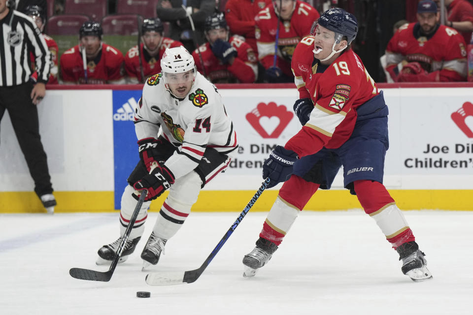 Florida Panthers left wing Matthew Tkachuk (19) looks to clear the zone as Chicago Blackhawks left wing Boris Katchouk (14) closes in on the play during the first period of an NHL hockey game Sunday, Nov. 12, 2023, in Sunrise, Fla. (AP Photo/Jim Rassol)
