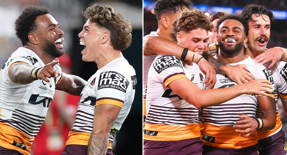 These images show Brisbane Broncos teammates Ezra Mam and Reece Walsh.