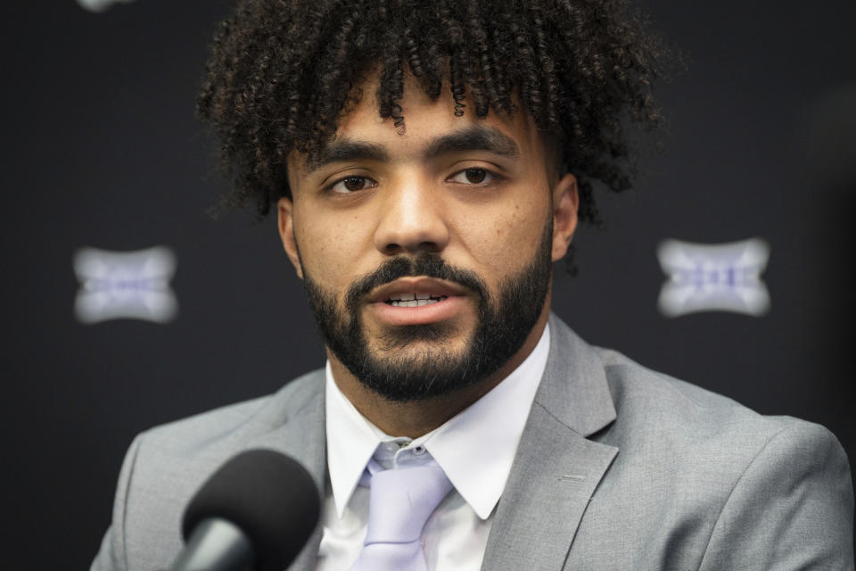 FILE Kansas State safety Kobe Savage answers questions at the NCAA college football Big 12 Media Days in Arlington, Texas, Thursday, July 13, 2023. Kansas State opens their season at home against Southeast Missouri State on Sept. 2.(Sara Diggins/Austin American-Statesman via AP, File)