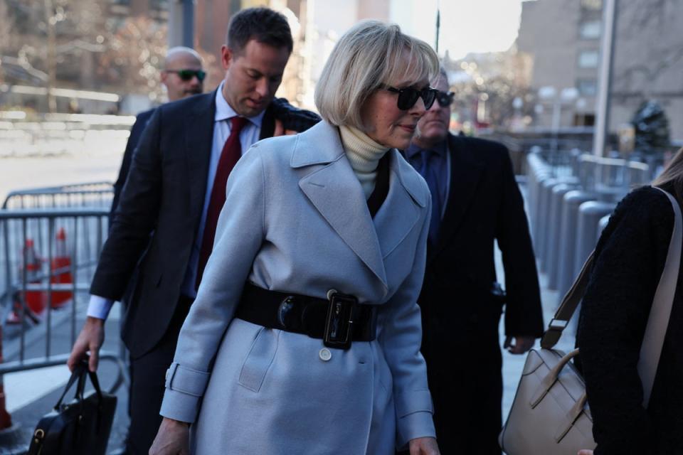 Carroll arrives at a Manhattan federal courthouse for the second day of a trial that will determine how much Donald Trump owes for defaming her (Reuters)