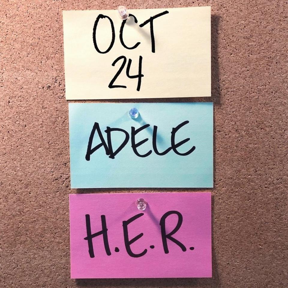 Adele shared a photo of post-it notes to reveal her hosting gig. Photo: Instagram/Adele