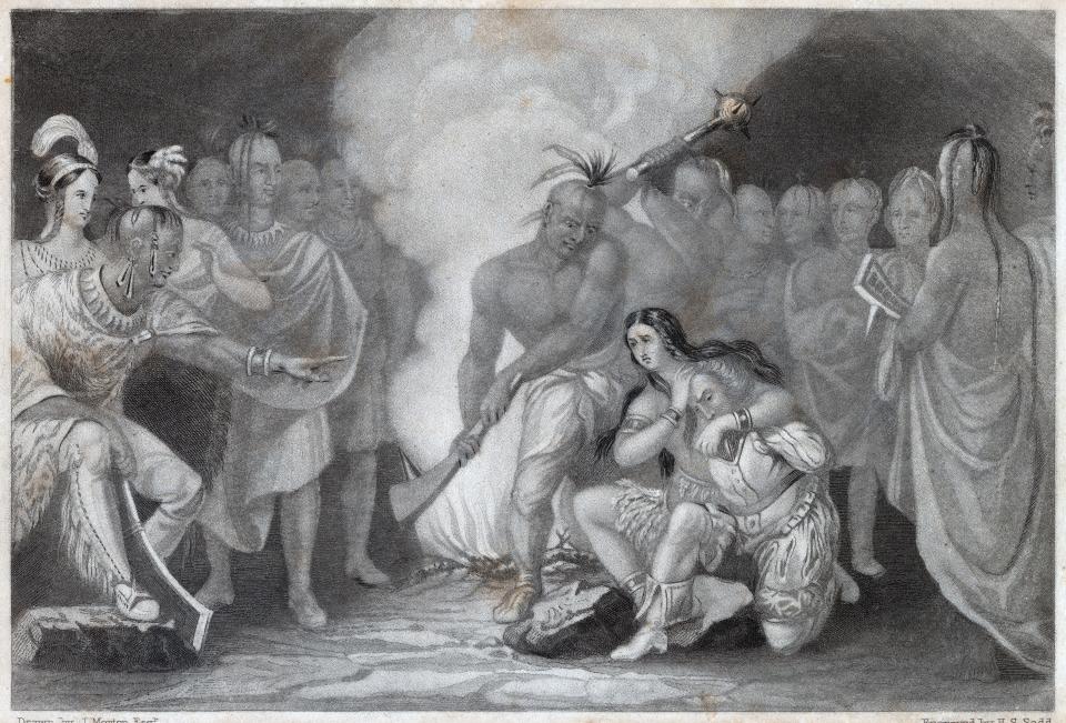 Antique c1840 engraving, Pocahontas saves John Smith. Drawn by J. Morton, engraved by Henry S. Sadd. SOURCE: ORIGINAL ENGRAVING