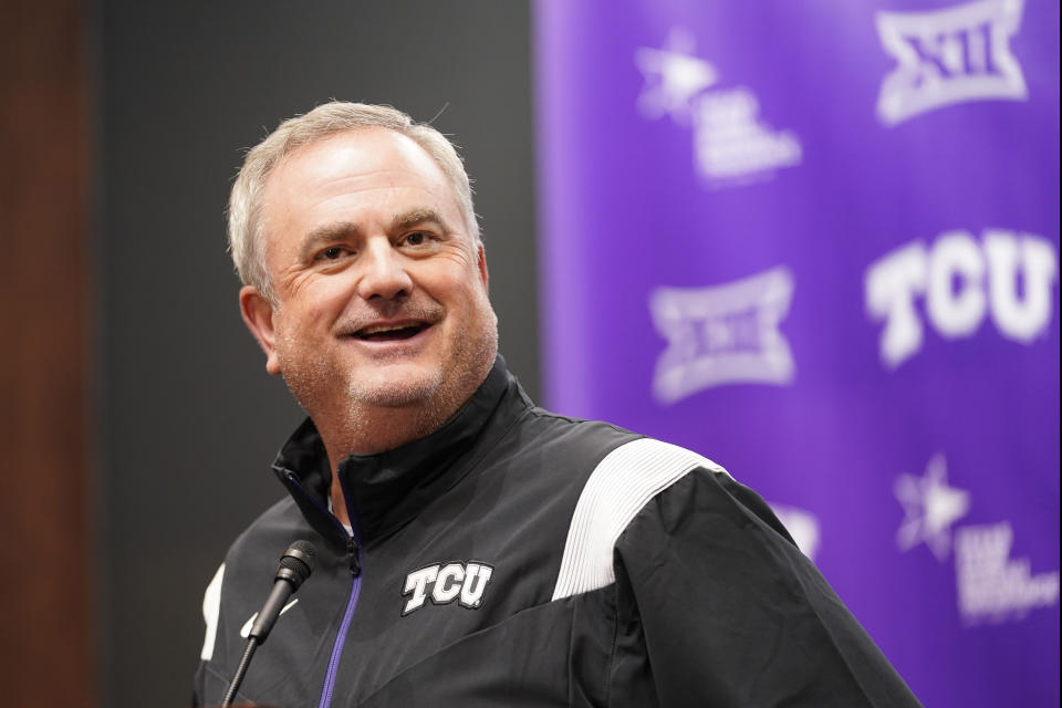 TCU head football coach Sonny Dykes smiles as he speaks to reporters in Fort Worth, Texas, Tuesday, Jan. 3, 2023. TCU answered questions about its toughness in the semifinal game. Now the Horned Frogs are even a bigger underdog going into the national championship game against Georgia, another physical team like Michigan was. (AP Photo/LM Otero)