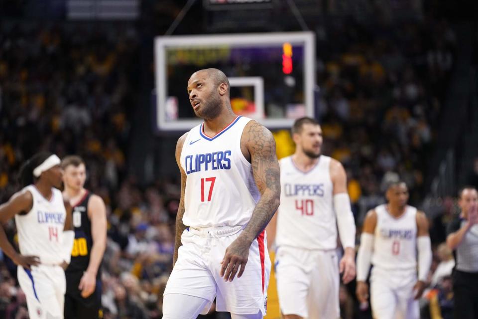 Clippers forward P.J. Tucker reacts during the first half against the Nuggets on Tuesday.