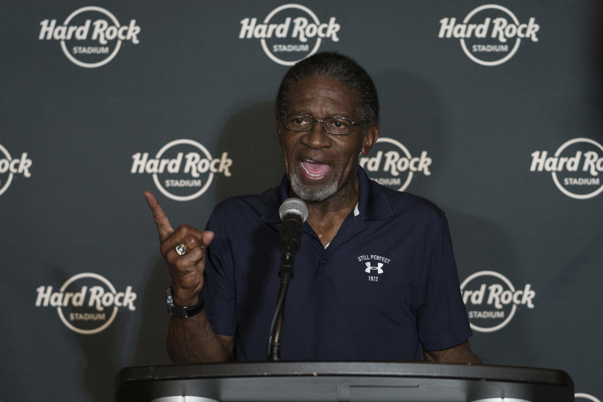 FILE - Mercury Morris speaks to reporters before the Celebration of Life ceremony for former Miami Dolphins football head coach Don Shula on Oct. 2, 2021 at Hard Rock Stadium in Miami Gardens, Fla. (AP Photo/Bryan Cereijo, file)