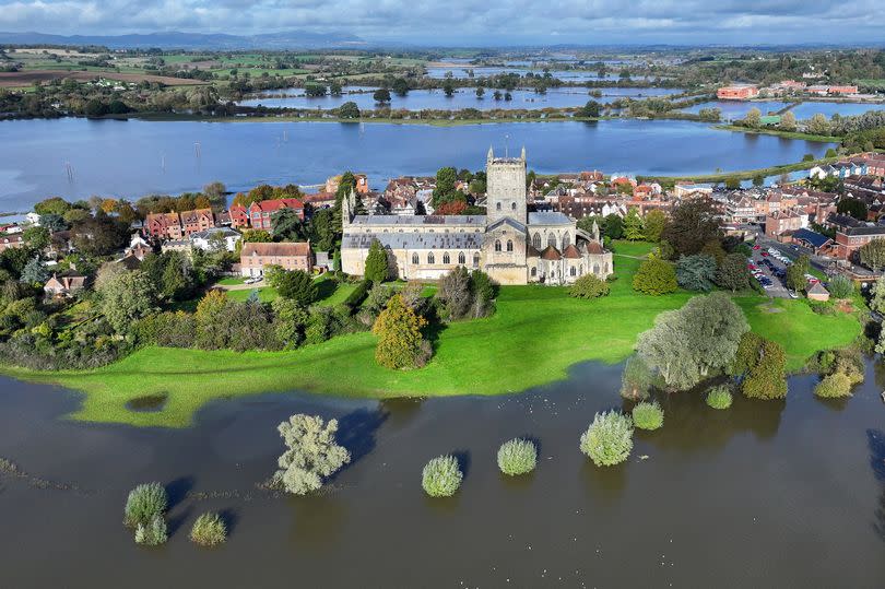 Tewkesbury Abbey, at the confluence of the Rivers Severn and Avon, is surrounded by flood waters after Storm Babet on October 27, 2023