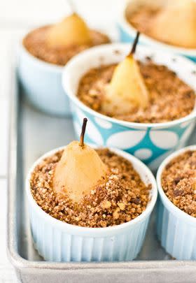 Poached Pear Crumble with Chocolate, Coffee and Nuts
