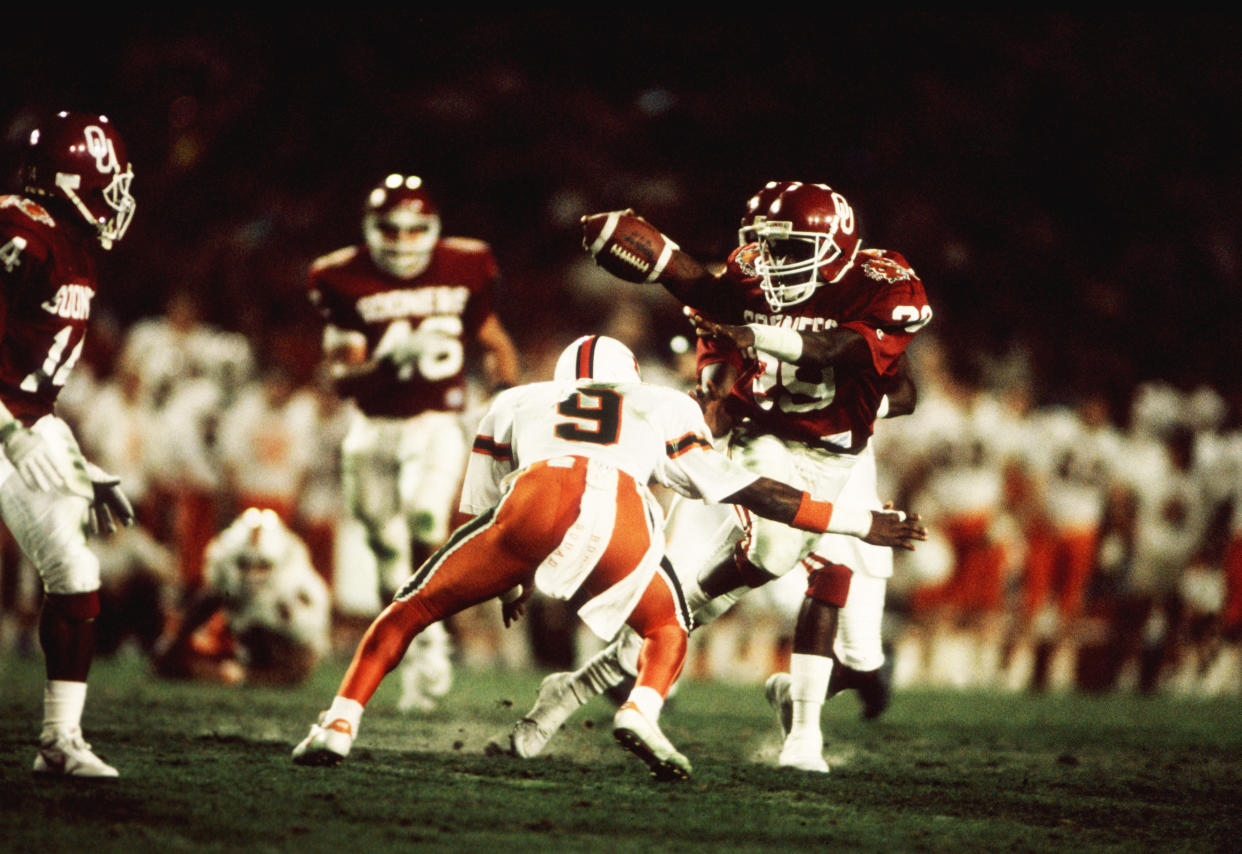 1 Jan 1988:  Rickey Dixon of the Oklahoma Sooners in action during the Sooners Orange Bowl 20-14 loss to the   to the Miami Hurricanes at the Orange Bowl in Miami, FL.  (Photo by John Biever/Icon Sportswire via Getty Images)