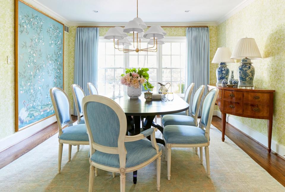 Amy Berry Designed Dallas Home Formal Dining Room with Chartreuse Wallpaper and Blue Accents