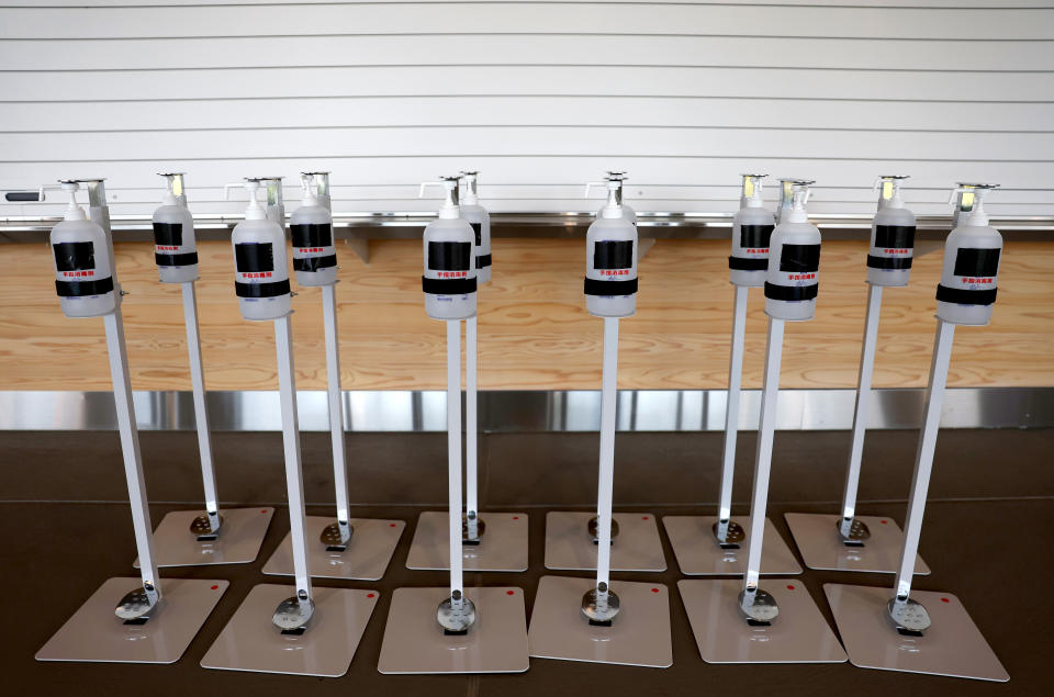 <p>Bottles of hand sanitizer can be seen prior to the Opening Ceremony of the Tokyo 2020 Olympic Games at Olympic Stadium on July 23, 2021 in Tokyo, Japan. (Photo by Maja Hitij/Getty Images)</p> 