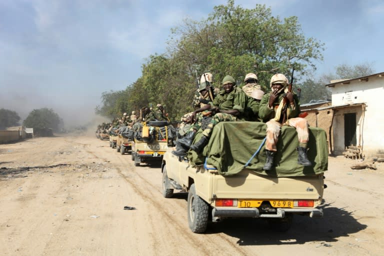 Chadian soldiers patrol the Nigerian border town of Gamboru as part of a four-nation assault on Boko Haram militants