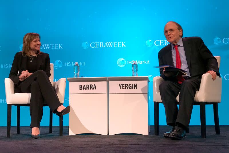 FILE PHOTO: CEO of General Motors Barra, speaks with energy scholar Yergin, at the annual CERAWeek energy conference in Houston