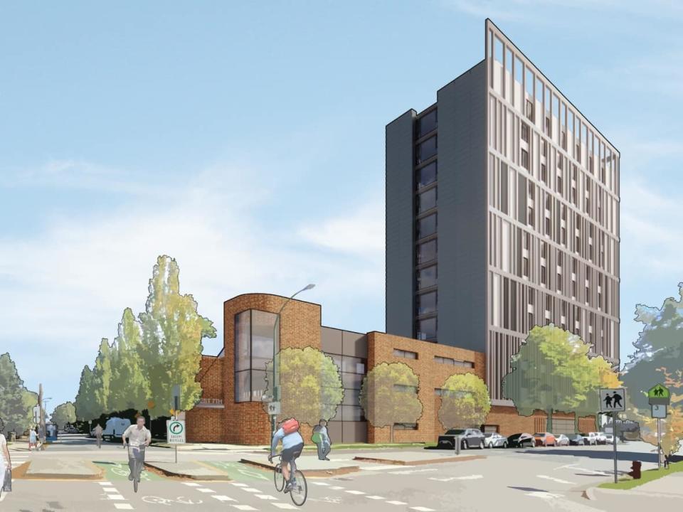 An artist's rendering of a proposed supportive housing project at Arbutus Street and and Eighth Avenue that was included in B.C. Housing's rezoning application to the City of Vancouver in 2021. (Supplied by B.C. Housing - image credit)