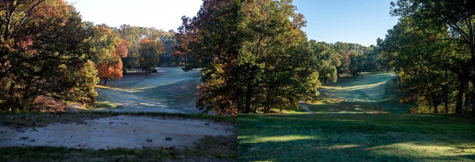 The 13th hole at the Asheville Municipal Golf Course in 2022, left, and on October 18, 2023.