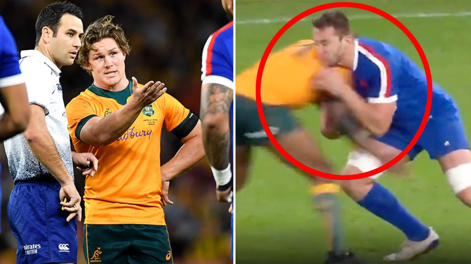 Pictured here, Wallabies captain Michael Hooper debates Marika Koroibete's high shot against France.