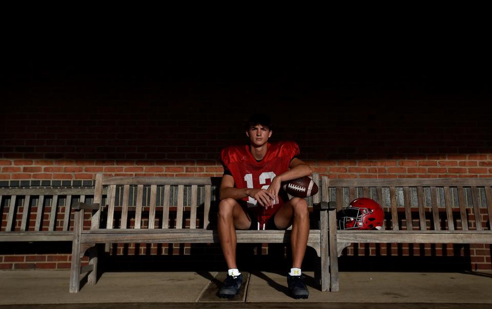 Brentwood Academy quarterback George MacIntyre Wednesday, Sept. 13, 2023 in Brentwood, Tenn. MacIntyre is the number 2-ranked junior quarterback in the nation.