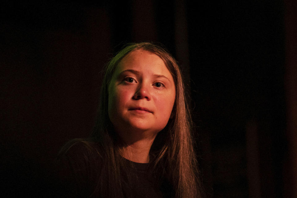 FILE - In this Monday, Sept. 9, 2019 file photo, Greta Thunberg pauses as she speaks at the Society for Ethical Culture in New York. “No _ Church of Sweden has (obviously) not proclaimed Greta Thunberg as successor of Jesus Christ,” Martin Larsson, a spokesman with the Church of Sweden, told the The Associated Press in an email. However, in 2018, one of its parishes did, tweeting in Swedish: “Announcement! Jesus of Nazareth has now assigned one of his successors, namely Greta Thunberg.” The claim circulated on social media after Thunberg, who is Swedish, led worldwide demonstrations to highlight climate change and addressed the Climate Action Summit at the United Nations in September 2019. (AP Photo/Jeenah Moon)