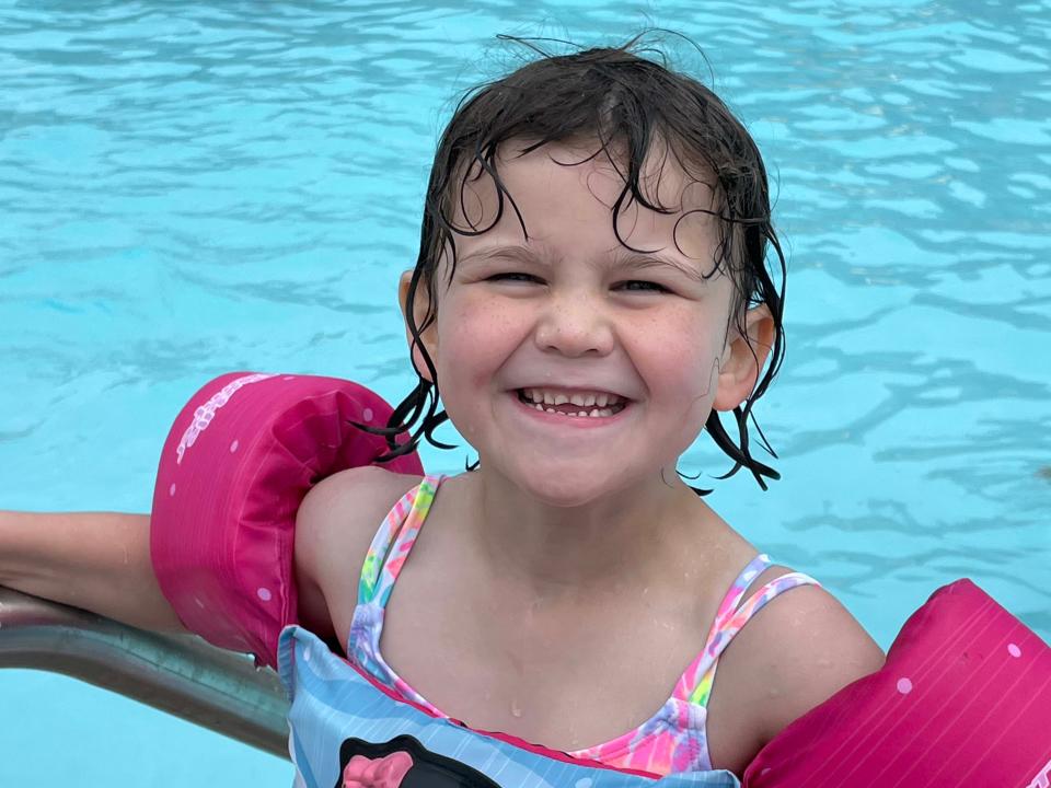 Gabby Cooper, 4, is just now learning the tradition of Karns Lions Club Community Pool. She’s having a blast and is super safe with lifeguards and floaties June 5, 2023.