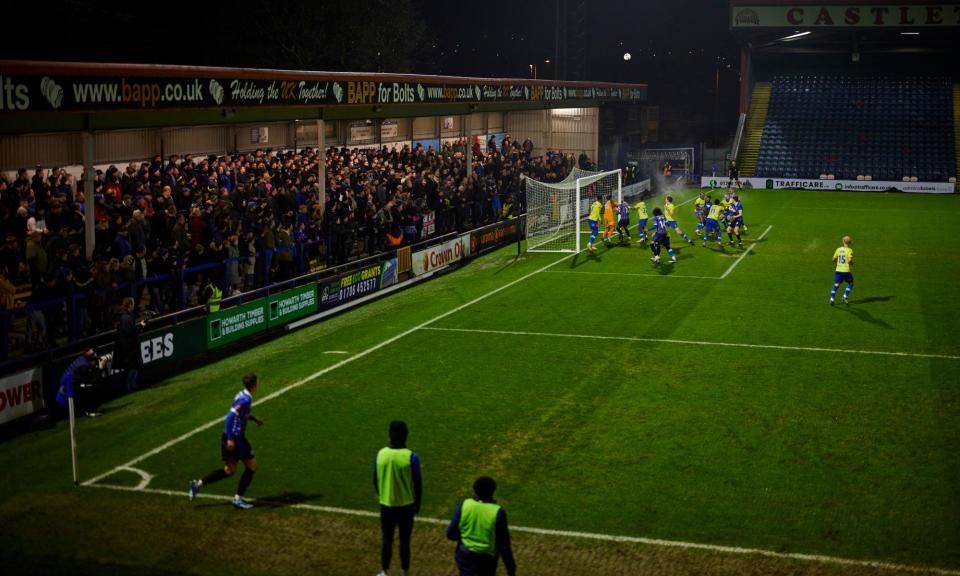 <span>Action from Rochdale’s 3-0 win at home to Wealdstone on Tuesday, which drew a crowd of 1,836. </span><span>Photograph: Christopher Thomond/The Guardian</span>