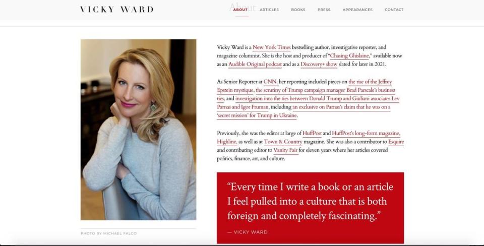 A screenshot of journalist Vicky Ward’s website.