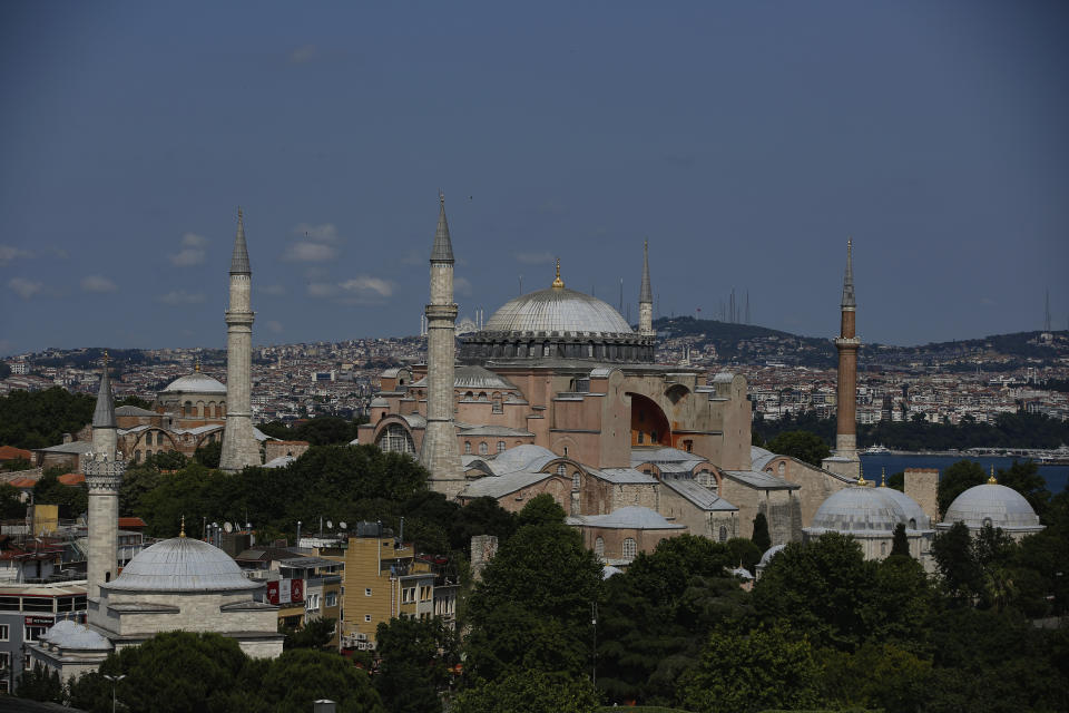 An aerial view of the Byzantine-era Hagia Sophia, one of Istanbul's main tourist attractions in the historic Sultanahmet district of Istanbul, Saturday, April 25, 2020. The 6th-century building is now at the center of a heated debate between conservative groups who want it to be reconverted into a mosque and those who believe the World Heritage site should remain a museum. (AP Photo)