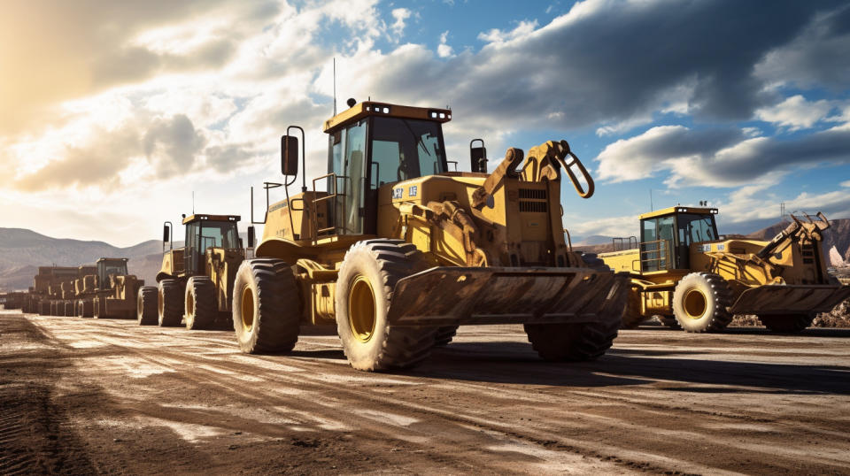 A fleet of heavy construction machinery in operation on a job site.