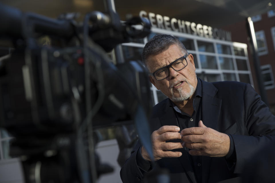 Self-styled Dutch positivity guru Emile Ratelband answers questions during an interview in Utrecht, Netherlands, Thursday, Nov. 8, 2018. For Ratelband age really is just a number. In a legal battle that is stretching the debate about just how far a person can go in changing his or her identity, the sixty-nine-year-old television personality has asked a Dutch court to officially change his biological date of birth to make him 49. (AP Photo/Peter Dejong)