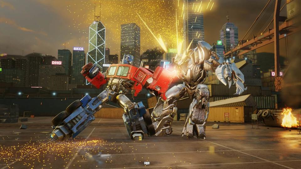 Optimus Prime fights ... well, considering it's a Bayformer, I'm not sure who Prime's fighting.