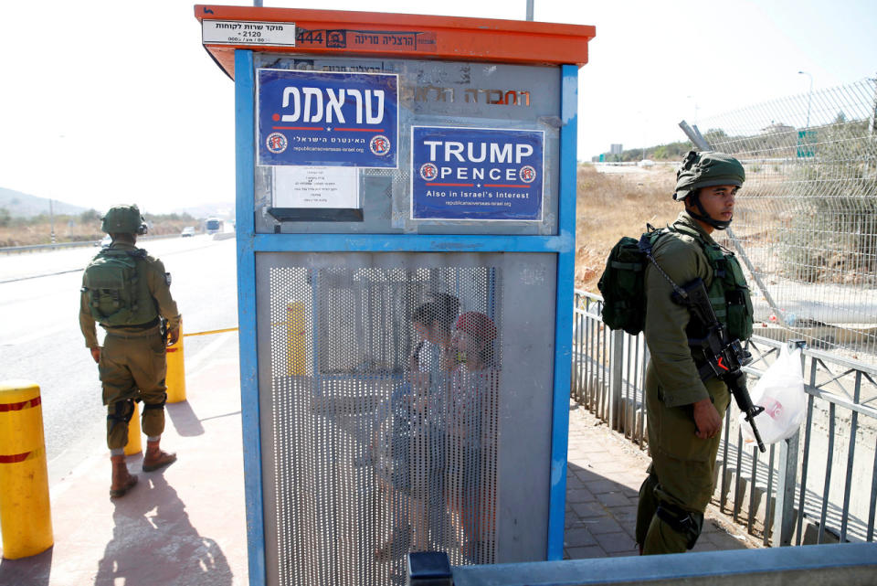 U.S. Republican party campaign posters near the West Bank Jewish Settlement of Ariel