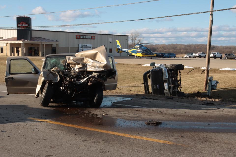 A University of Michigan Survival Flight helicopter is pictured after landing at the Tecumseh Harley-Davidson dealership's parking lot near a two-pickup crash Feb. 10 at the intersection of M-50 and Matthews Highway in Tecumseh Township. Stories about fatal crashes were among the most read by The Daily Telegram's online readers in 2023.