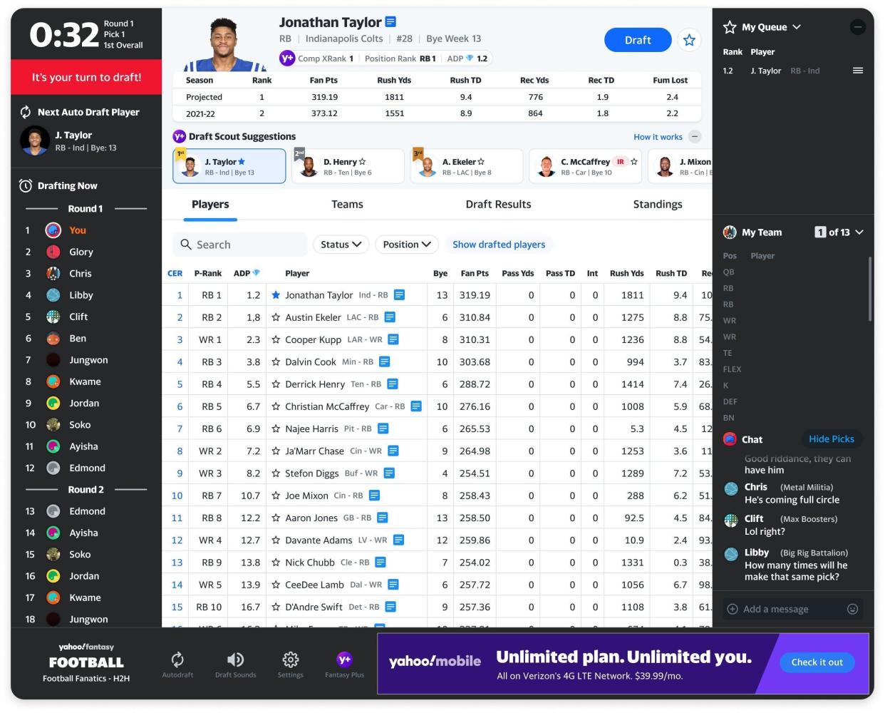 An example of what the Draft Scout feature on Yahoo Fantasy Plus looks like when you're on the clock in your draft.