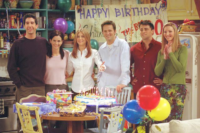 <p>Warner Bros. Television</p> The Friends cast on set of episode "The One Where They All Turn Thirthy."