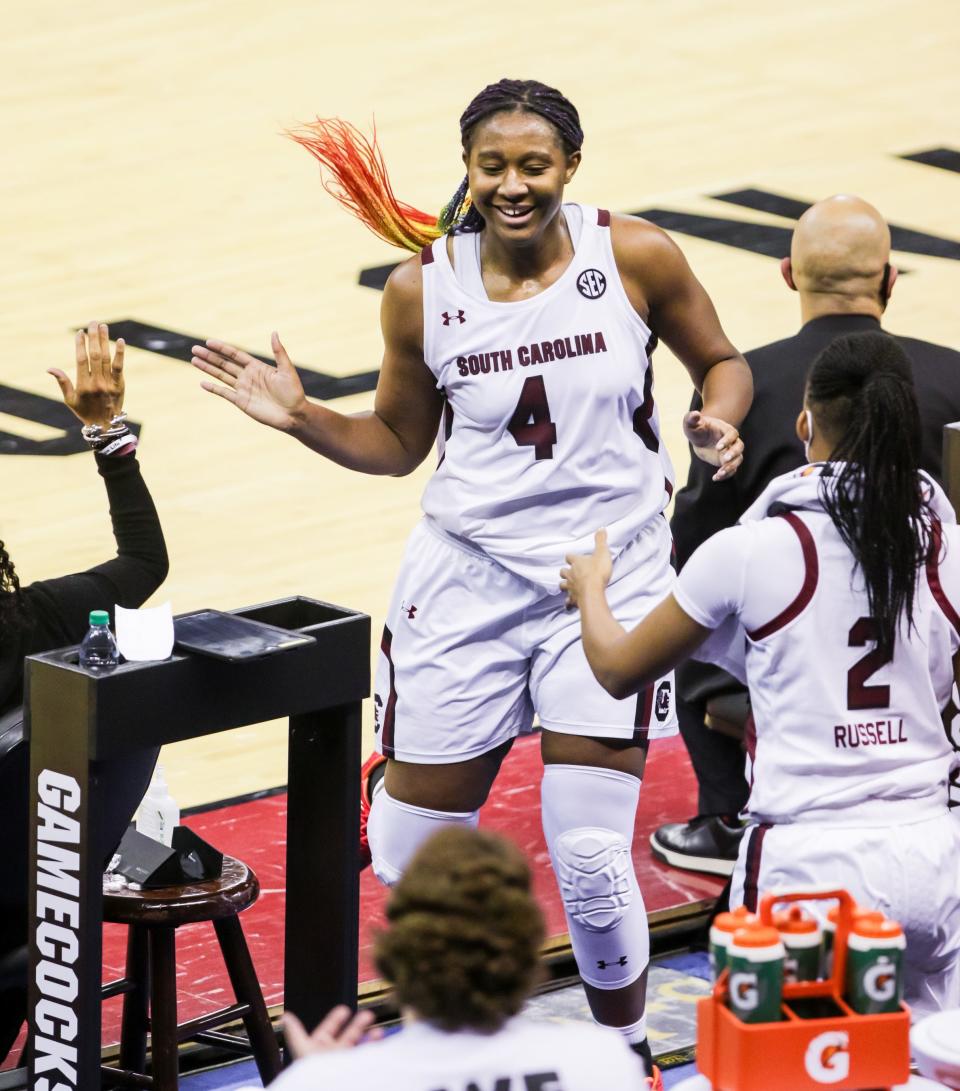 South Carolina's Aliyah Boston, a former Worcester Academy standout, is congratulated by teammates after coming out of a recent game against Arkansas, during which she posted another double-double. Gannett Photo