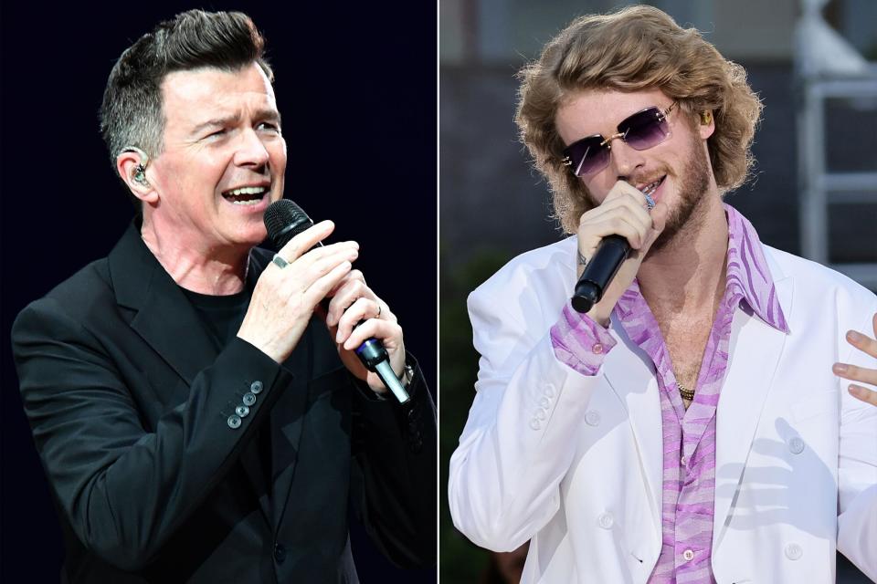 Singer Rick Astley performs onstage during "The Mixtape" tour at State Farm Arena on July 07, 2022 in Atlanta, Georgia. ; Yung Gravy performs onstage during the 2022 MTV VMAs pre-show at Prudential Center in Newark, New Jersey.