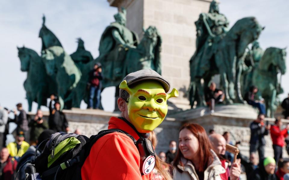 A person wearing a Shrek mask at Sunday's protests -  REUTERS/Bernadett Szabo