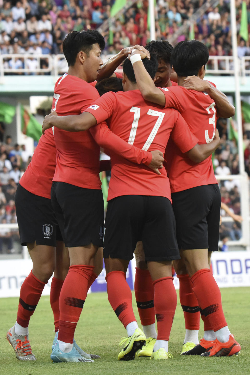 South Korea's team players celebrate after scoring a goal during the World Cup Group H qualifying soccer match between Turkmenistan and South Korea at the Kopetdag Stadium in Ashgabat, Turkmenistan, Tuesday, Sept. 10, 2019. (AP Photo/Alexander Vershinin)