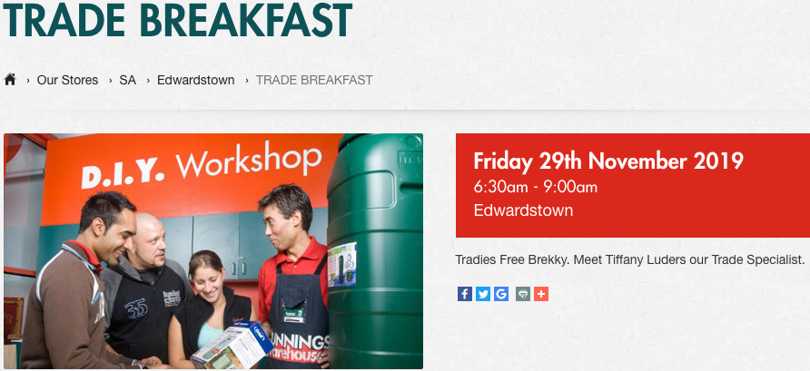 Free Trade Breakfast invitation from Bunnings Warehouse at Edwardstown, South Australia.