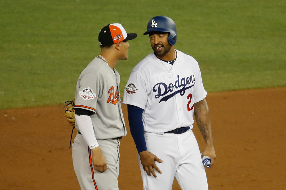 Manny Machado and Matt Kemp shared a moment at second base during Tuesday’s All-Star Game. (Getty Images)