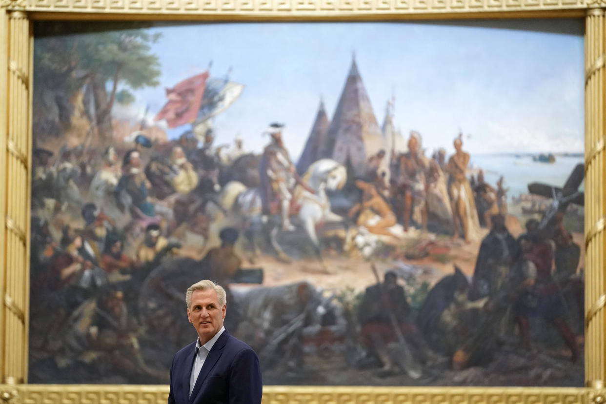 Speaker of the House Kevin McCarthy, R-Calif., walks in the Capitol Rotunda on Capitol Hill in Washington, Sunday, May 21, 2023. (AP Photo/Patrick Semansky)