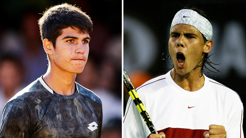 Carlos Alcaraz (pictured left) looks forward while a young Rafael Nadal (pictured right) celebrates.