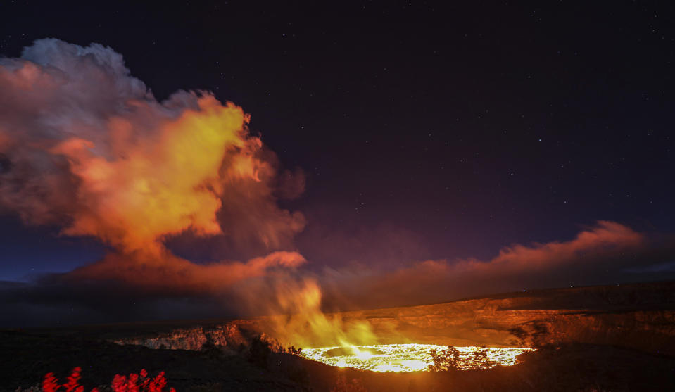 This photo provided by EpicLava shows the eruption inside the summit crater of the Kilauea volcano on the Big Island of Hawaii, Thursday, Jan. 5, 2023. Hawaii's Kilauea, one of the world's most active volcanoes, is erupting again and providing a spectacle that includes bursting lava fountains and lava "waves" but no Big Island communities are in danger. (John Tarson/EpicLava via AP)