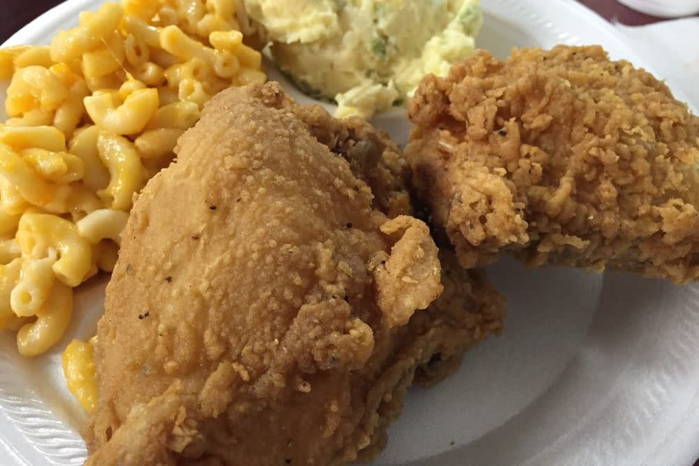 fried chicken with mashed potatoes and mac and cheese from becky's & mary's restaurant