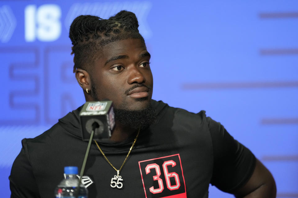 Michigan defensive lineman David Ojabo speaks during a press conference at the NFL football scouting combine in Indianapolis, Friday, March 4, 2022. (AP Photo/AJ Mast)