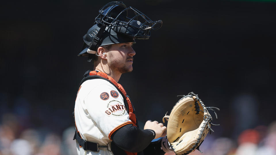 Catcher Patrick Bailey #14 of the San Francisco Giants looks on during the game against the Texas Rangers at Oracle Park on August 13, 2023 in San Francisco, California. (Photo by Lachlan Cunningham/Getty Images)