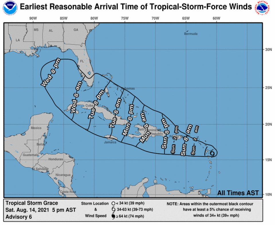 Earliest arrival of tropical storm-force winds from Tropical Storm Grace in the 5 p.m. Saturday, Aug. 14, 2021, advisory.